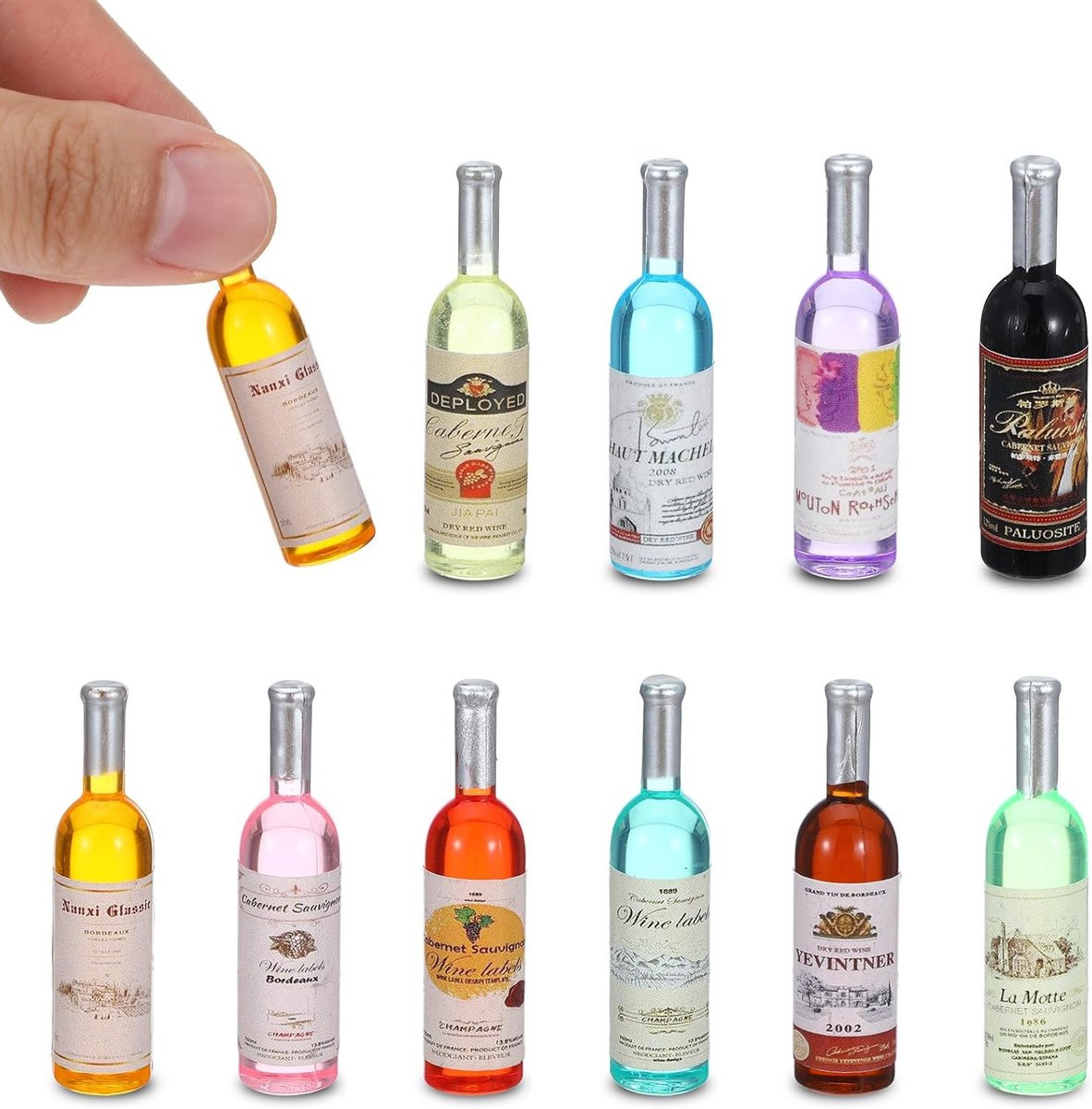 Set van 10 decoratieve miniatuur wijnflessen voor poppenhuizen, sleutelhangers en DIY-projecten