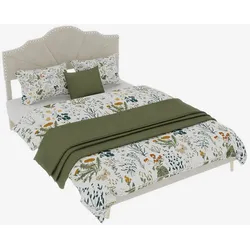 MODFU Polsterbett 140x200 cm, gepolstertes Kopfteil, stabiler Holzrahmen, Hollandwollstoff, minimalistisches Design, Beige