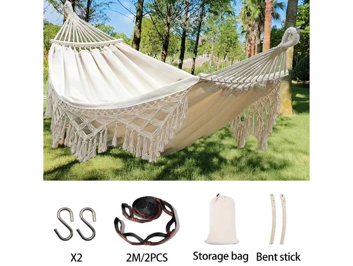Ensemble de hamac classique de style bohème à double franges fleuries. Complet avec accessoires et conception anti-basculement. Convient pour le jardin