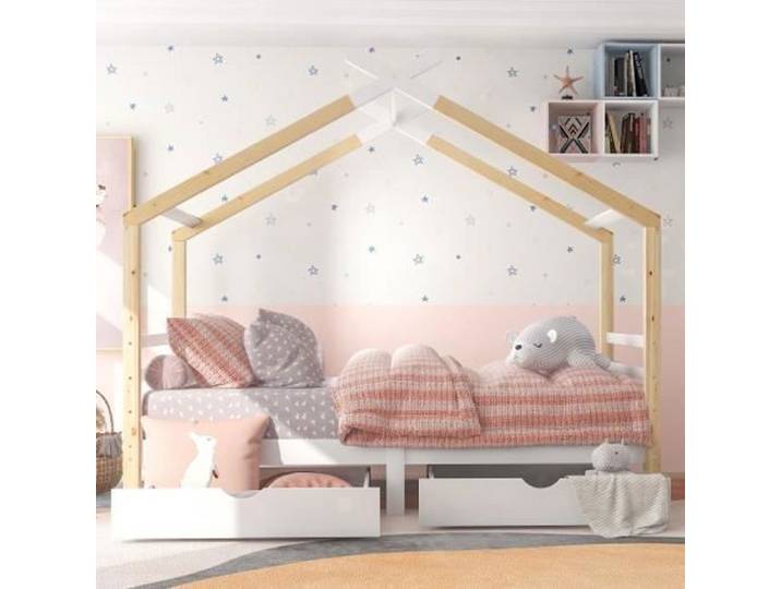 Lit - 90x200cm - blanc + bois - pour enfants