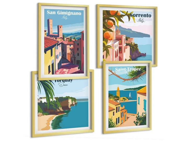 BILDER SET 4er Set - 50x50 cm & 40x60 cm Goldrahmen - Italienische Küstenstädte