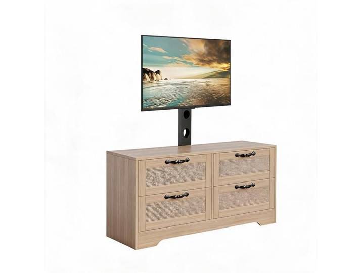 Koioplie Meuble TV style farmhouse avec support intégré réglable jusqu'à 70  - Console rotin 4 tiroirs pour salon home cinéma