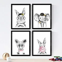 POSTER Set mit 4 Tieren Kindern Süßigkeiten A4 Schwarzer Rahmen
