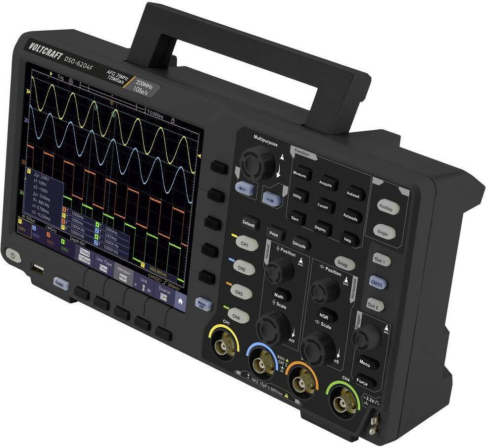 Voltcraft DSO-6204F Digitaal oscilloscoop, 200 MHz, 4 kanalen, 1 GSa/s, 10 Mpts, 8-bit digitale geheugenoscilloscoop met functiegenerator