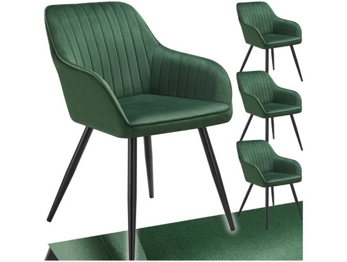 Chaise - TECTAKE - Lot de 4 chaises MARYLIN effet velours capitonné rembourrée et pieds acier noir 58 x 62 x 82 cm - Vert foncé