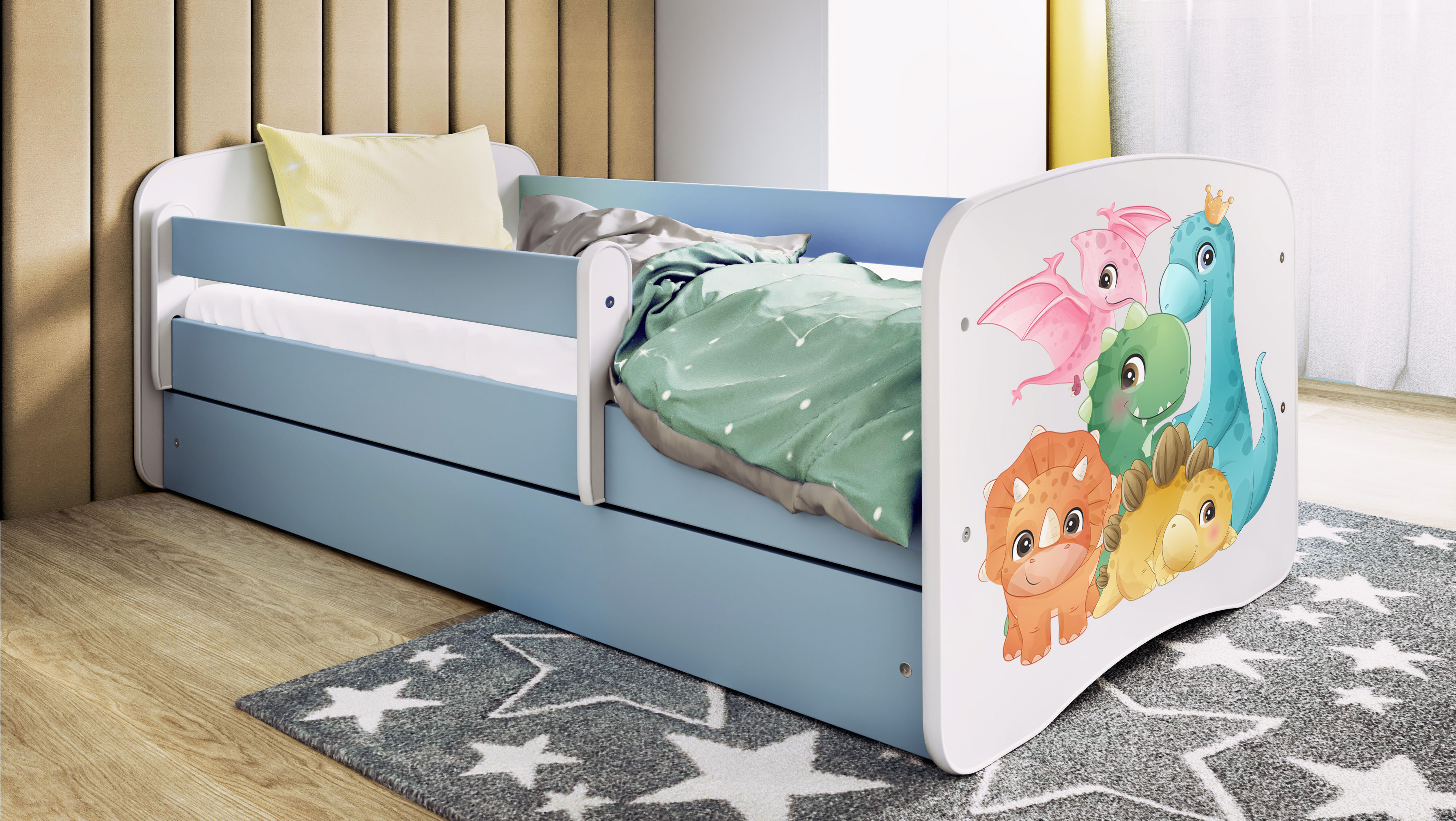 Kinderbett Jugendbett Dino 70x140, 80x160, 80x180 cm - Komplettset mit Schublade & Rausfallschutz