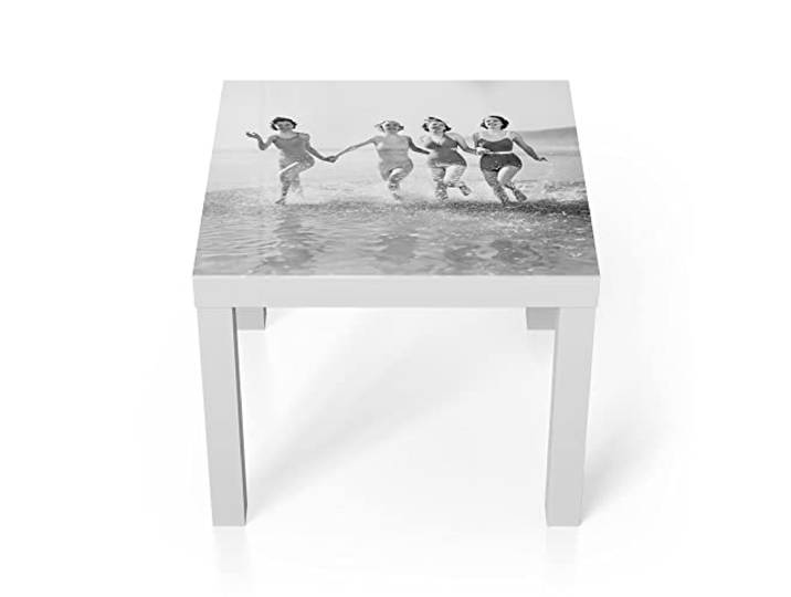 DEQORI Glastisch weiß klein 55x55 cm Motiv Retro Badebekleidung ausgefallener Beistelltisch aus Glas Hochglanz Couchtisch fürs Wohnzimmer moderner Couch Tisch mit Design