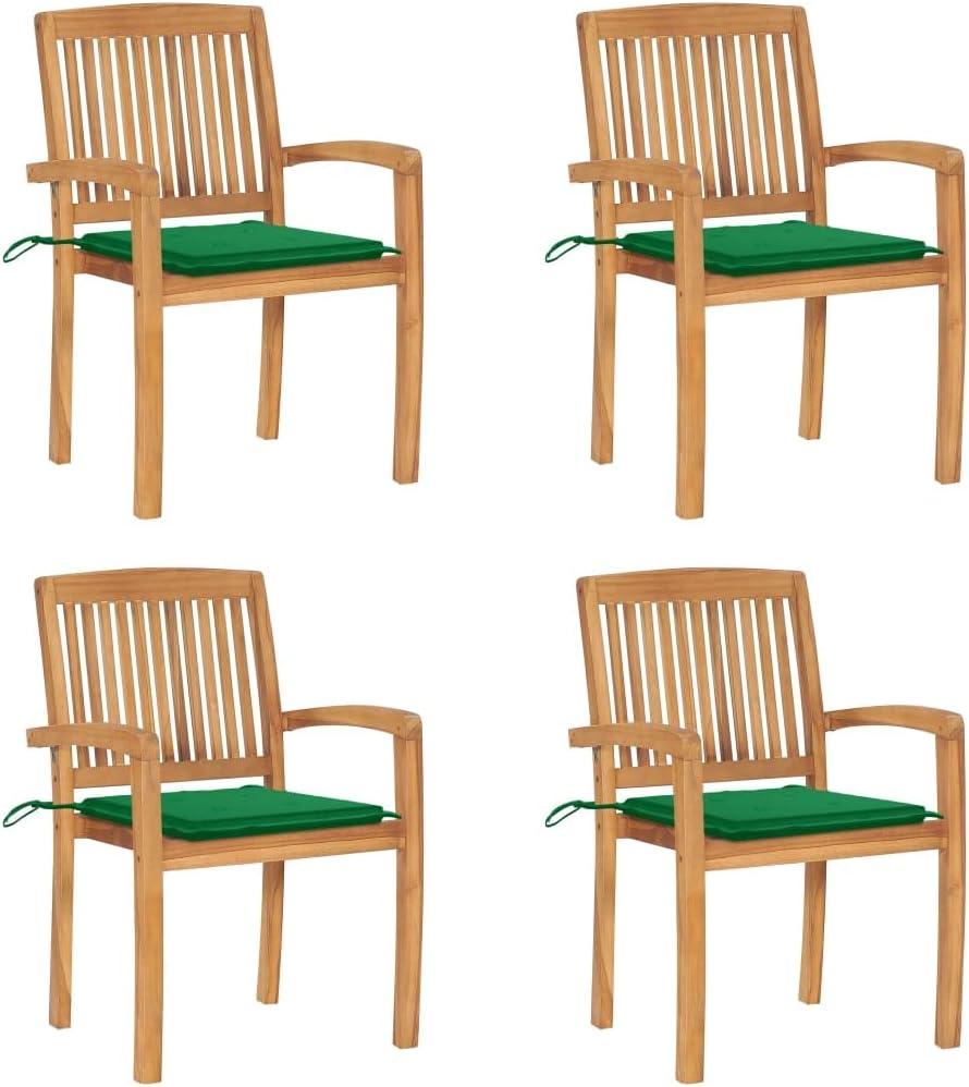 4 stapelbare Gartenstühle aus massivem Teakholz mit Kissen, 60x57,5x90 cm, wetterfest, mit Arm- und Rückenlehne für Balkon und Terrasse