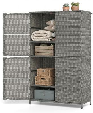 Costway 4-Door Rattan Vertical Storage Shed with Adjustable Shelves-Gray