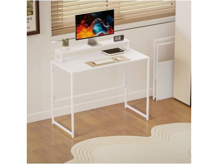 MEUVYX Bureau Pliant Multifonctionnel avec Rehausse pour Écran Amovible Rangement pour Bureau en Bois et Acier Blanc