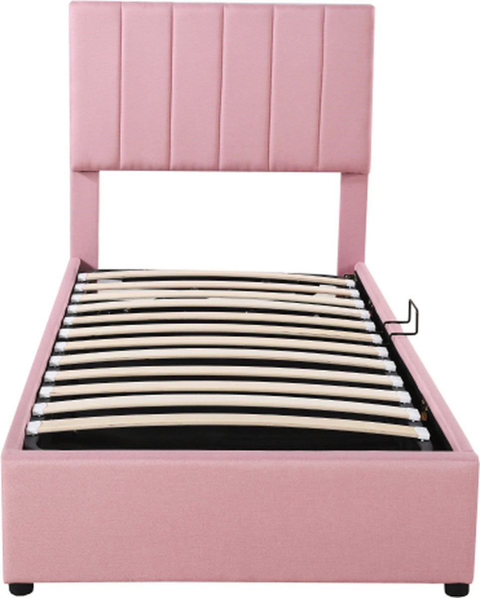 Gotagee Kinderbed met hydraulisch opbergbed, Gestoffeerd, Linnen Roze, 90 x 200 cm