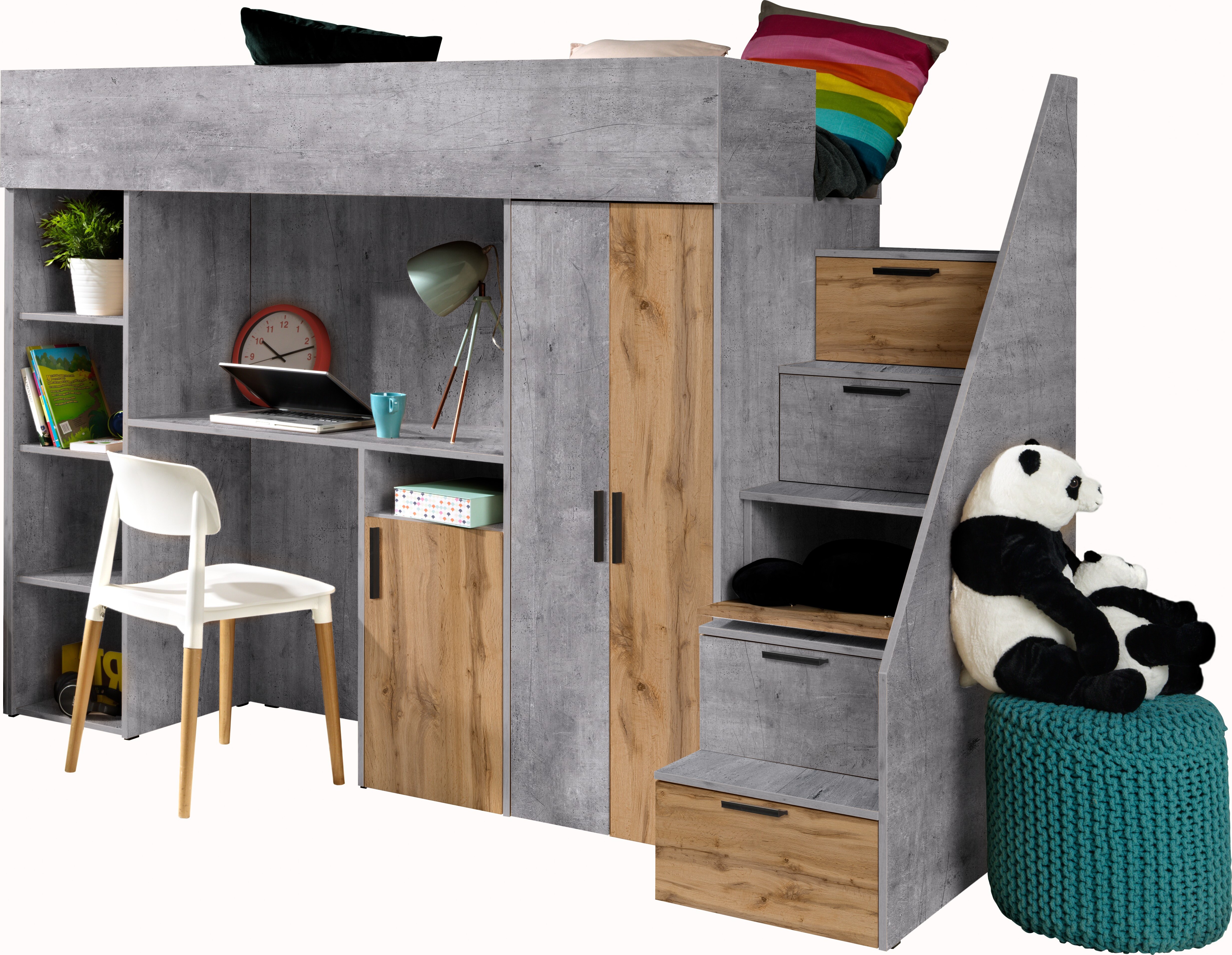 Etagenbett für Kinder Konkret 14 Stockbett mit Treppe, Kleiderschrank und Schreibtisch (Beton + Wotan Eiche)