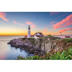 Fototapete PAPERMOON "LEUCHTTURM-PORTLAND MAINE WIESE MEER OZEAN KÜSTE STRAND", bunt, B:3m L:2,23m, Vlies, Tapeten