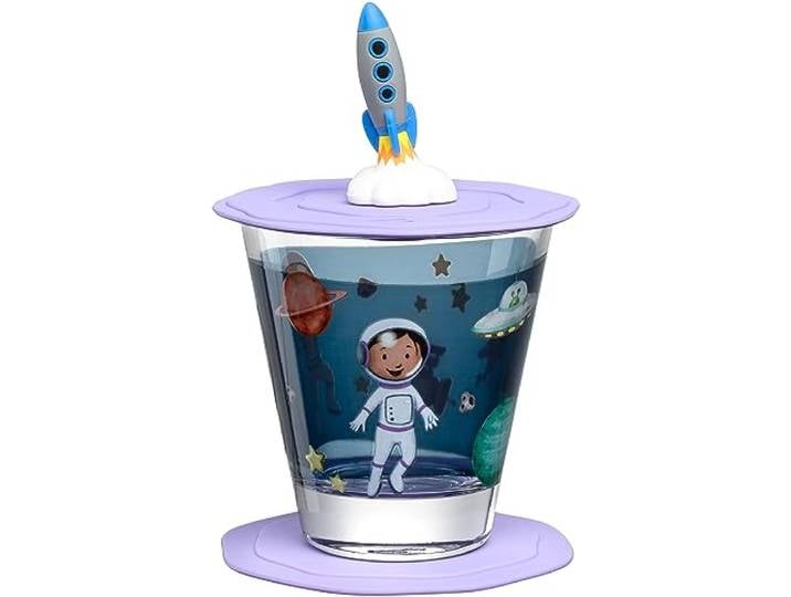 LEONARDO HOME Bambini Avventura 023674 Lot de 3 verres pour enfant\, avec couvercle et soucoupe\, motif de l'espace\, taille S\, contenance 215 ml\, motif de l'espace