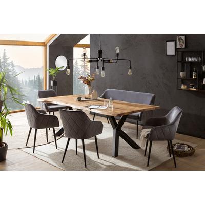 Eckbankgruppe SALESFEVER "Eckbankgruppe im Landhausstil", grau (grau, natur, schwarz, schwarz), B:240cm H:76,5cm T:110cm, Massivholz, Metall, Polyester, Sitzmöbel-Sets, Eckbankgruppe, Rückenfläche mit aufwändiger Rautensteppung
