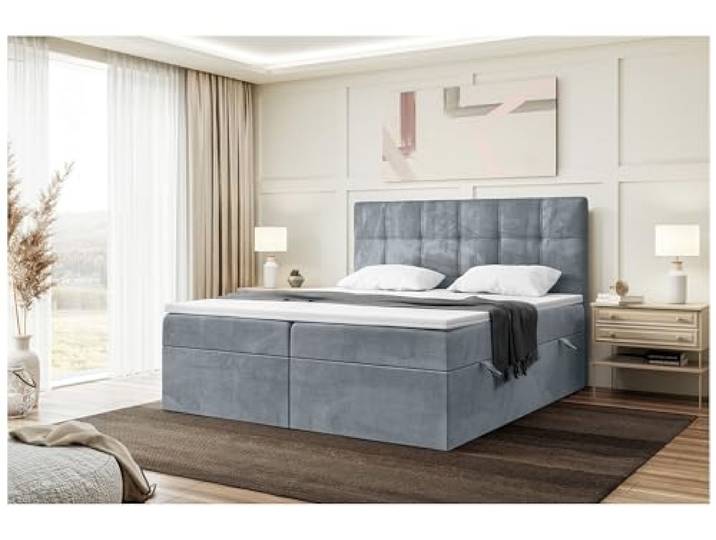 MEBLINI Boxspringbett mit Bettkasten - 160x200 - Gepolstert Doppelbett mit Matratze und Topper - Polsterbett mit Stauraum - Bett mit Kopfteil - Kai - H3/Grau Samt
