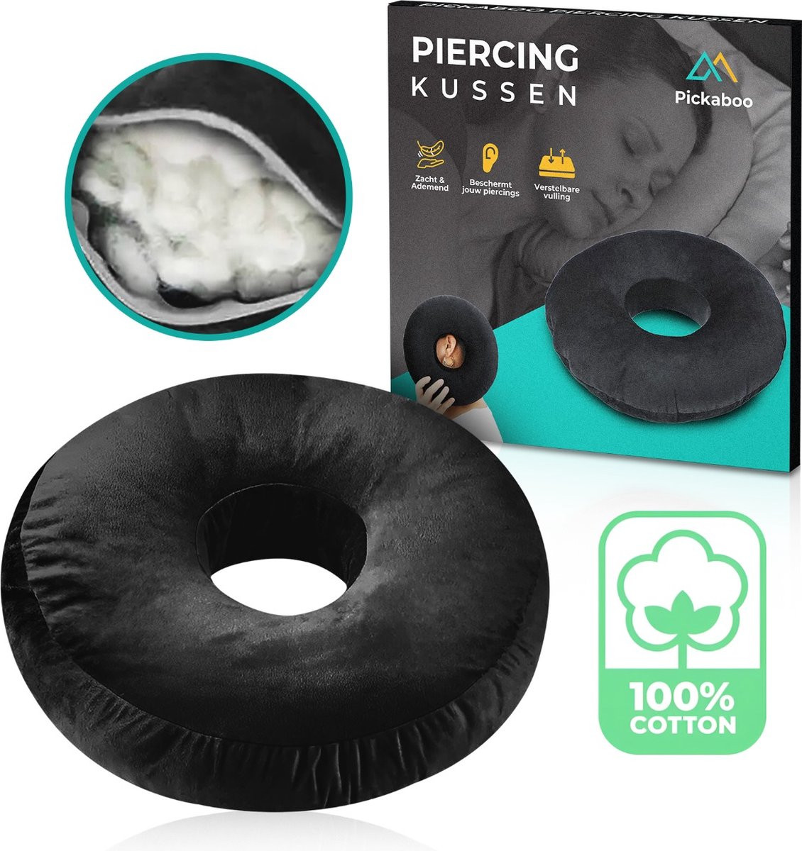 Pickaboo Piercing Kussen - Orthopedisch Donut Kussen met Verstelbare Vulling - 29 x 29 cm