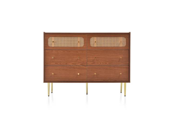 Sweiko Kommode (Sideboard mit 6 Schubladen, Rattankommode), 120x40x90cm