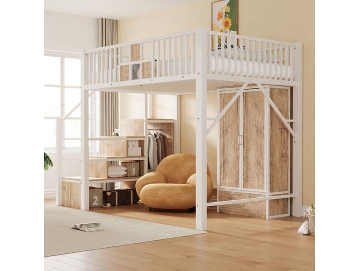 Lit mezzanine - ZEVKOR - Lit Mezzanine Double 140×200 cm - Armoire & tiroir - Échelle de rangement - Métal blanc