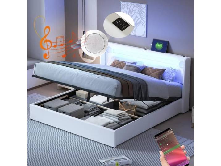 Lit coffre - MISNODE - 160x200 cm - Simili cuir blanc - LED et Bluetooth - Chargement USB