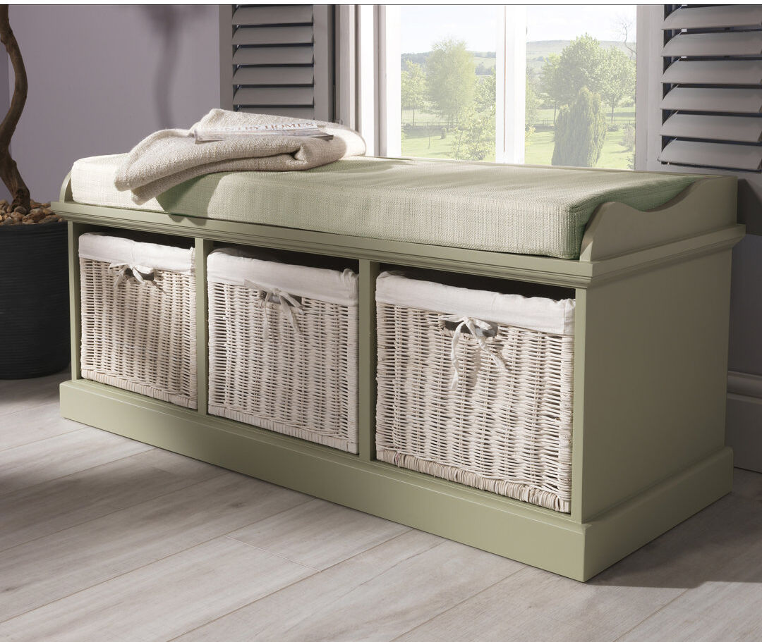 August Grove Bastogne Polyester Blend Upholstered Storage Bench Sage Green/Sage Green/White 46cm H X 112cm W X 40cm D
