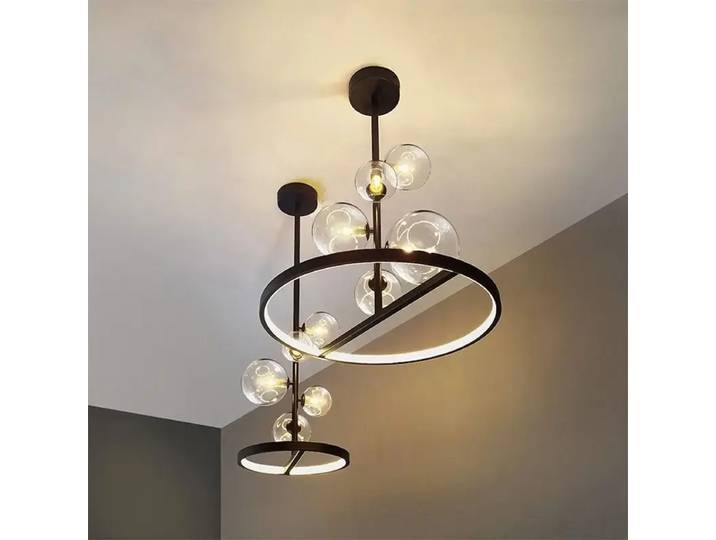 Lustre suspendu circulaire en verre noir nordique moderne, luminaire de plafond pour salle à manger, cuisine, île, salon