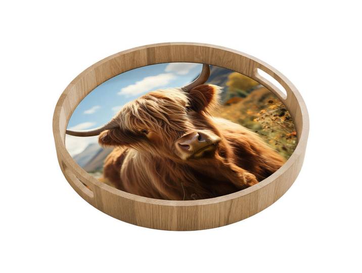 OnlyWow Tablett Schottische Highlander - Blumen - Hörner - Wolken 40x40 cm, Braun, Holz, Echtholz,Eiche, Rund, 40x5x5 cm, Geschirr, Tischkultur & Serviergeschirr, Tabletts