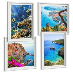 BILDER SET 4er Set - 50x50 cm & 40x60 cm Weißer Rahmen - Meerblick, farbenfrohe Häuser