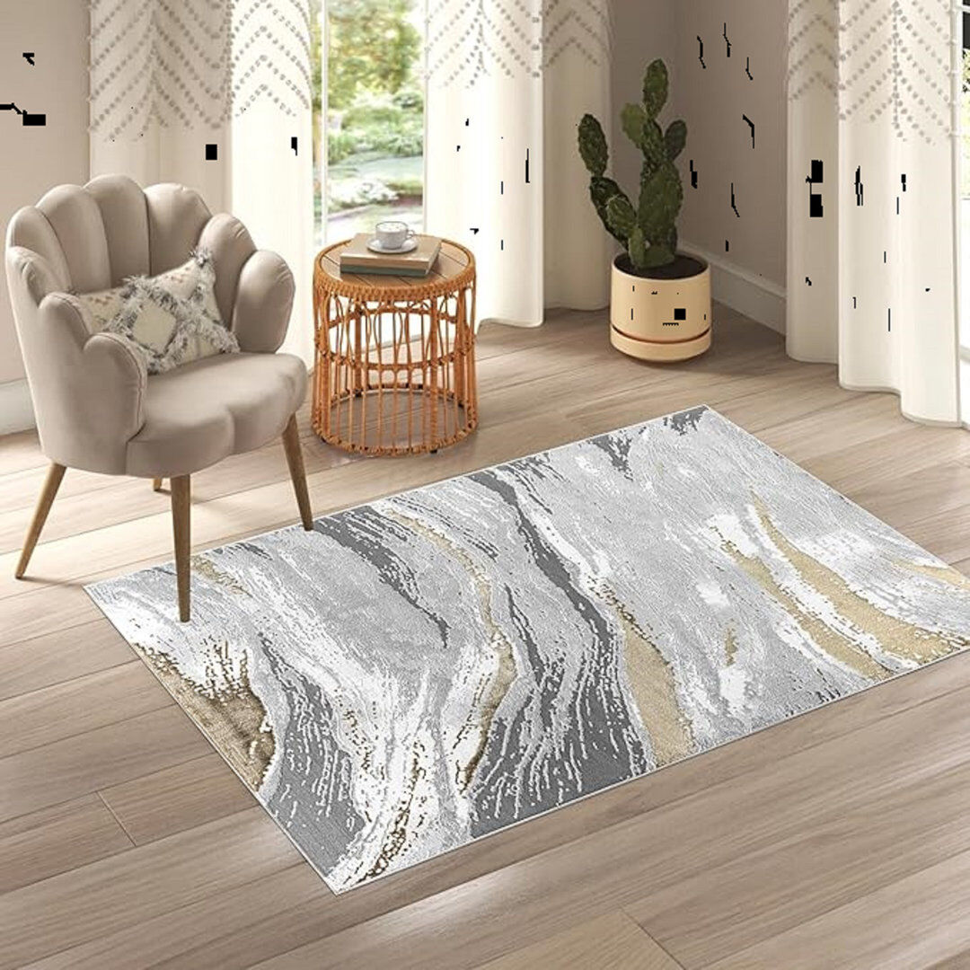 ZASH LONDON Abstract Flatweave Shaggy Area Rug Yellow Round 120 cm