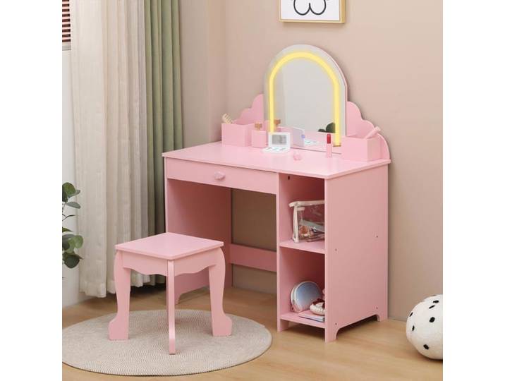 Set Coiffeuse Fille 2-en-1 – Table et Tabouret avec Miroir Lumineux Rangement Intégré 80x40x100cm-Rose