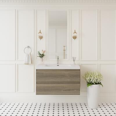 JimsMaison Wood Melamine Floating Wall‑Mount Bathroom Vanity with Integrated Sink , Premium Soft-Close Hardware ( Fully Assembled )