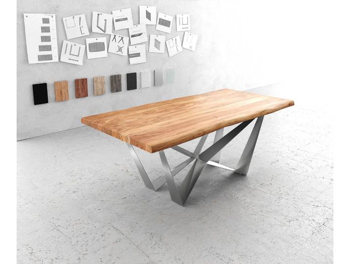 Esstisch Edge 200x100 XL Akazie Natur Spider Flachstahl Edelstahl Live-Edge, Esstische, Baumkantenmöbel, Massivholzmöbel, Massivholz