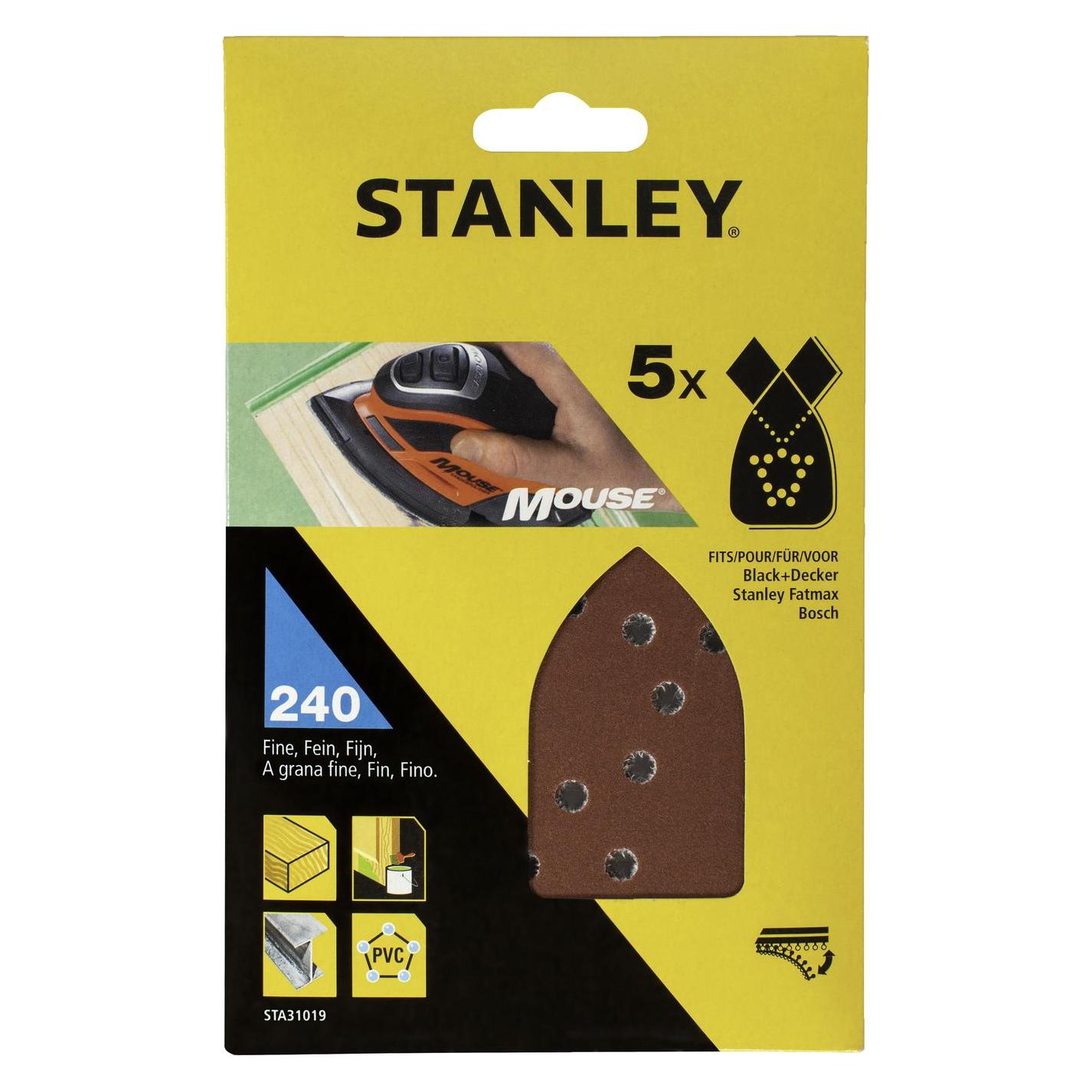 Stanley 5Stk. Mouse-Schleifpapier K240, Klettfix, Super, fuer Holz, Metall, Mauerwerk/Putz, Kunststoff, Far (240) (STA31019-XJ)