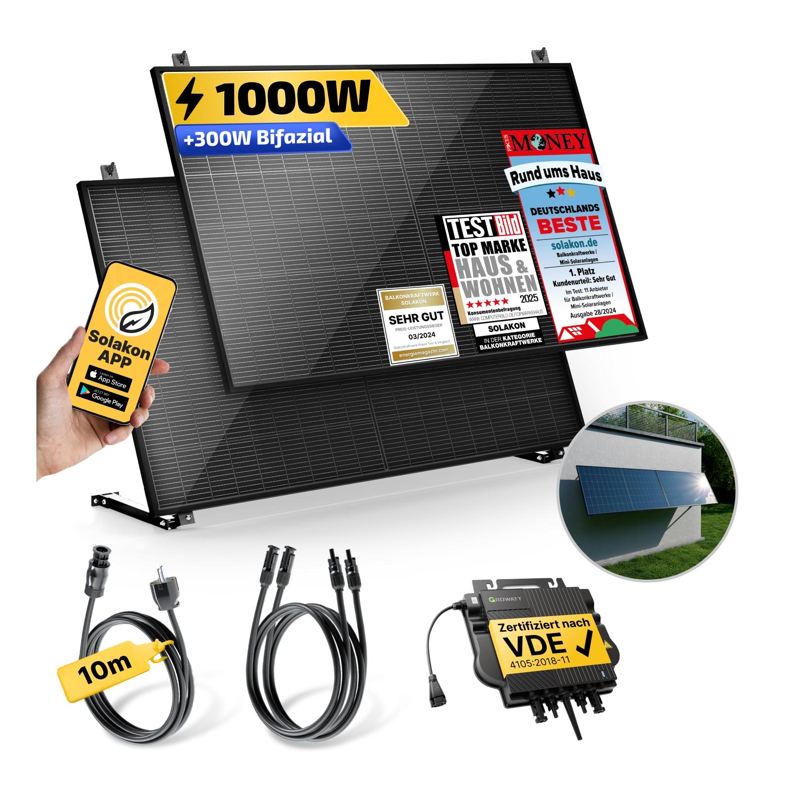 Balkonkraftwerk 1000W/800W Solaranlage mit Wand/Gartenhaus Halterung Steckerfertig WIFI Komplettset Photovoltaik Anlage 800W, Kabellänge: 10m