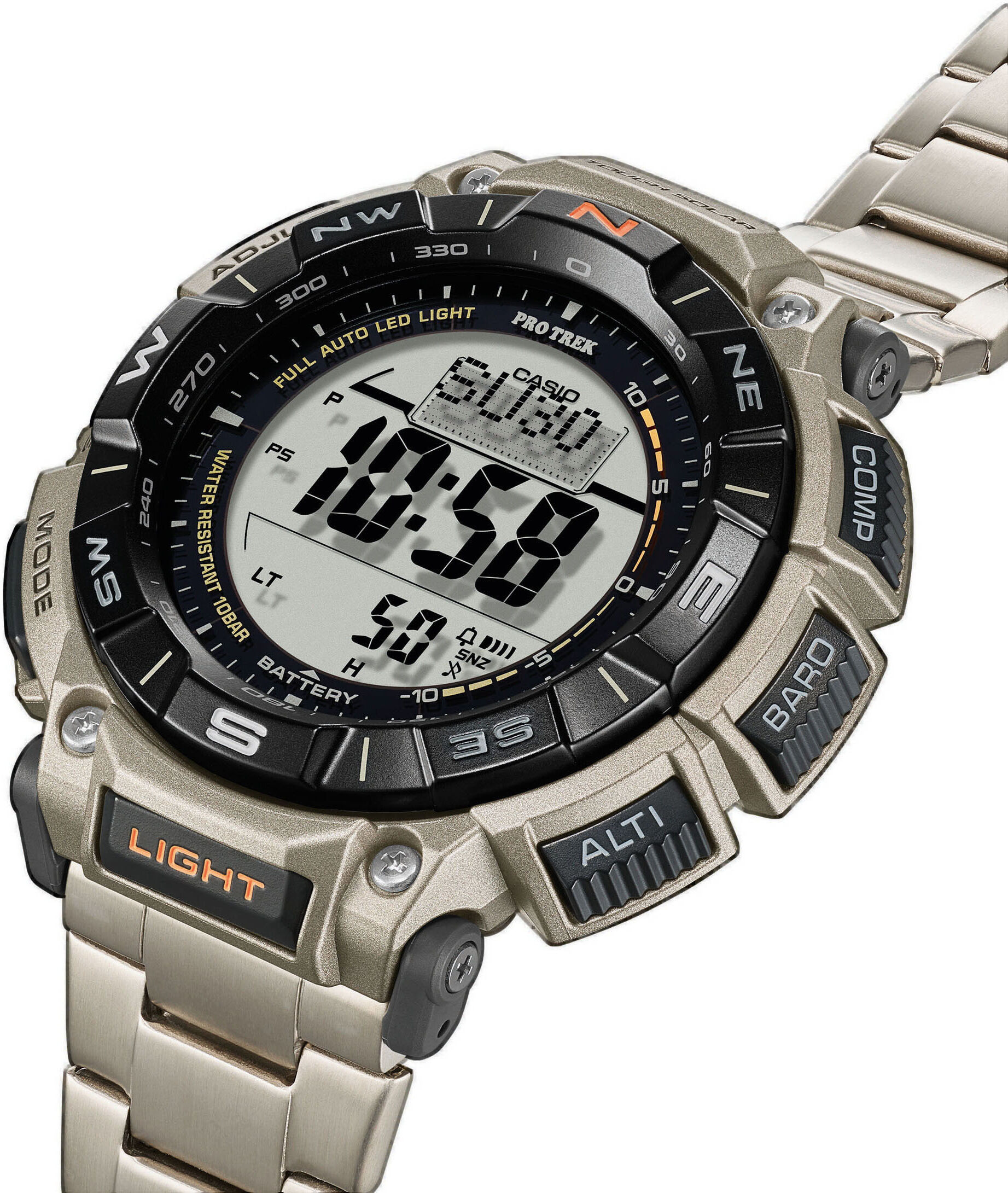 Chronograph CASIO PRO TREK, silber (titansilberfarben, grau), Armbanduhren, Herren, titansilberfarben, Chronograph, Quarzuhr, Armbanduhr, Herrenuhr, Solar, Stoppfunktion, Weltzeit