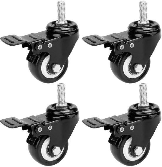 HAUSEE Zwenkwielen M10 met 5 schroefbussen M10 x 20mm, zware transportwielen voor meubels met 4 remmen, zwart
