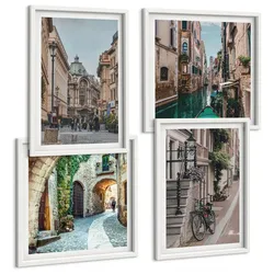 BILDER SET 4er Set - 50x50 cm & 40x60 cm Weißer Rahmen - Venezianische Straßen Wasserarchitektur