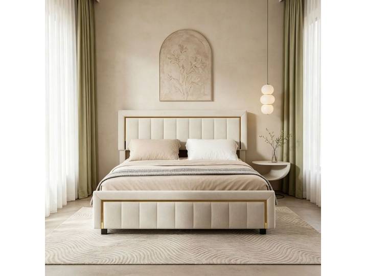 Lit 140x190 cm lit 140x190 avec sommier lit coffre lit double tissu en velours beige