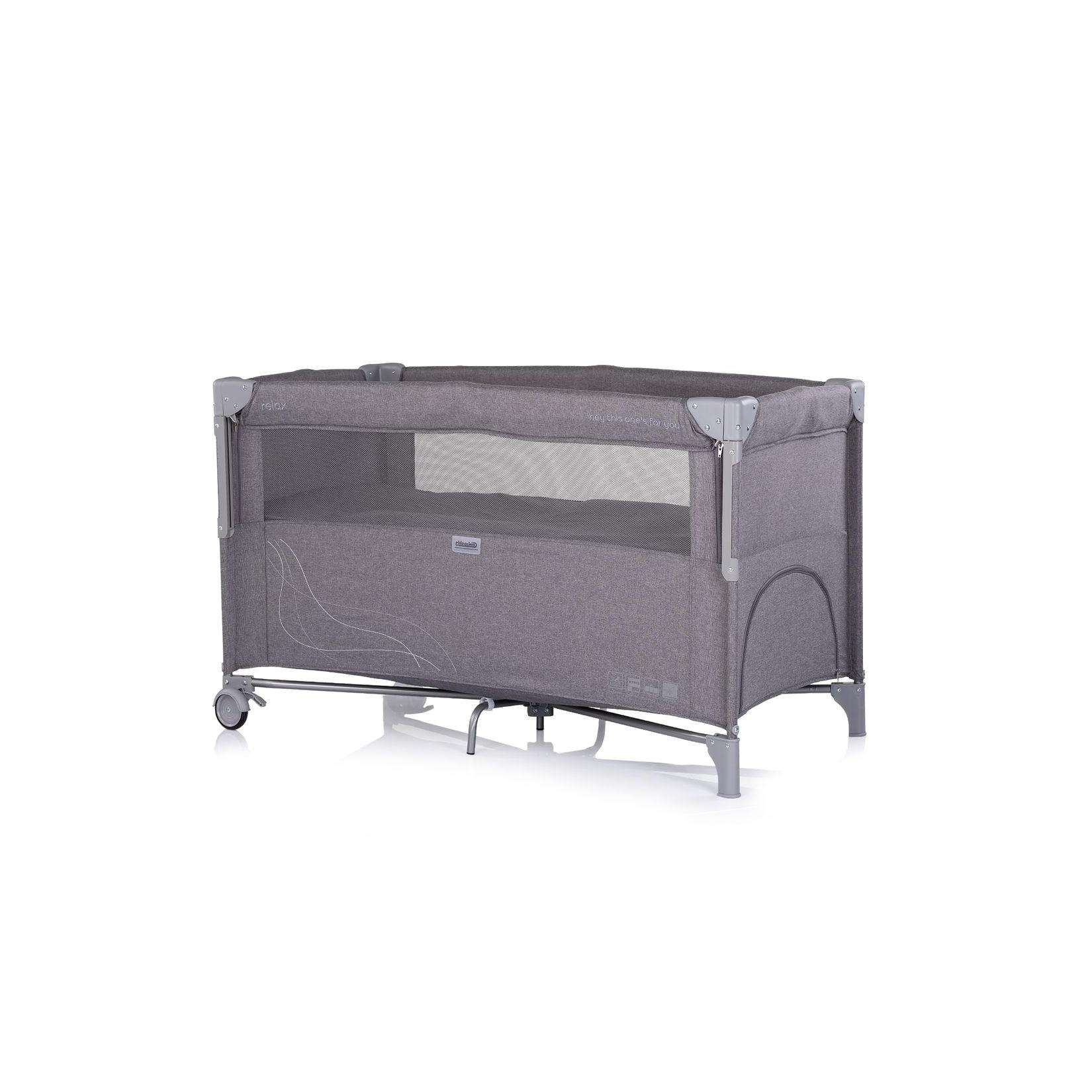 Chipolino Reisebett Relax Leinen 2 Ebenen Tasche, Reißverschluss, Räder, faltbar schwarz grau