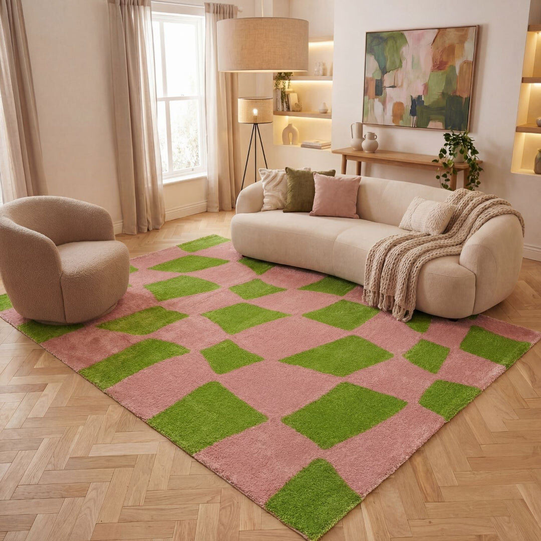 THE RUGS Joli Chequered Area Rug Soft Dense Pile for Living Rooms and Bedrooms Green/Pink Rectangle 200 x 290 cm