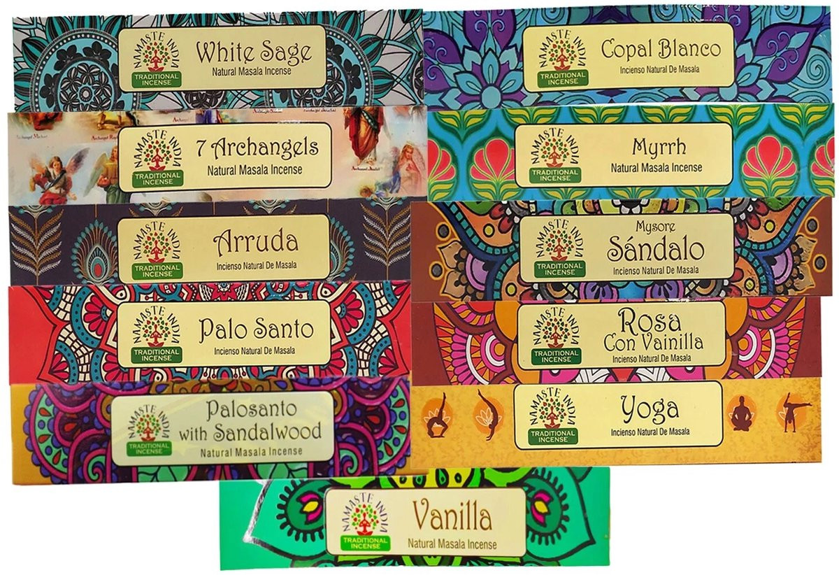 Namaste India Wierook Assortiment met 12 Verschillende Geuren en 240 Wierookstokjes voor Aromatherapie en Meditatie