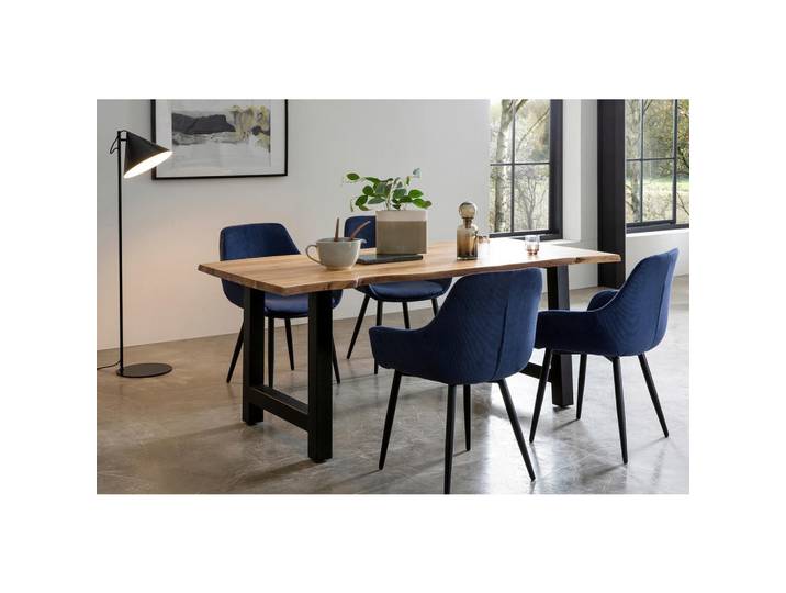 Esstischgruppe, Natur & Dunkelblau, 85x76.5x160 cm, Akazie Massiv & Metall, Konisch, Livetastic