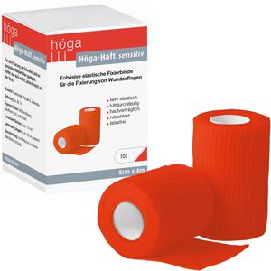 Höga Fixierbinden Haft sensitiv, rot, selbsthaftend ohne Klebstoff, latexfrei, 4m x 8cm