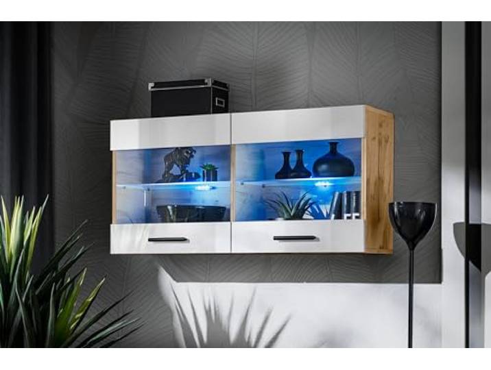 Komodee Vitrine Savona Weiß/Wotan 100x50x30 cm Vitrine Savona, Weiß/Wotan, Breite 100cm x Höhe 50cm x Tiefe 30cm, ohne LED, 2 Glasböden, 2 Türen, für Wohnzimmer