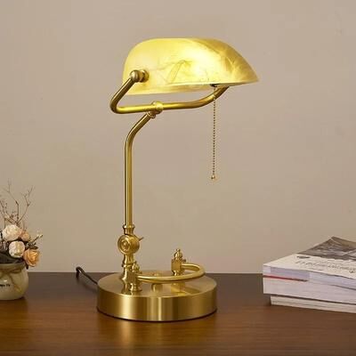 Uplifted Finds Classical Retro Vintage Metal Wood Banker Table Lamp E27 LED Green Glass Shade For Bedside Study Reading copper B2