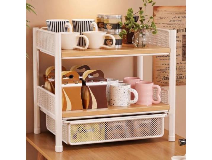 Aufbewahrungsregal for die Arbeitsplatte Mit Schublade 2 Ebenen Ablage Ausstellungsregal Aufbewahrung for Kaffee Für Küche und Büro(A)