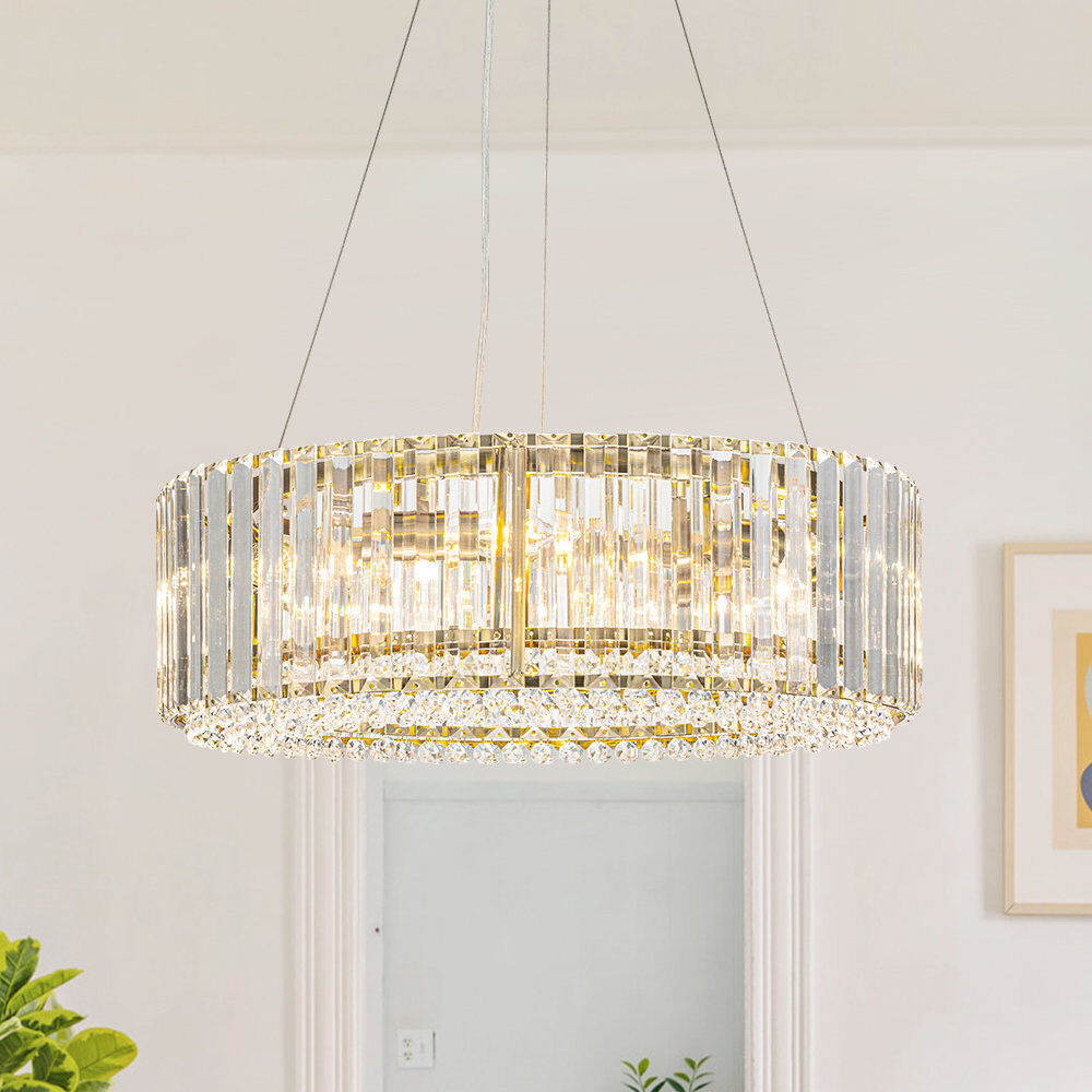 Canora Grey 6- Light Modern Mid-Century Luxury Round Crystal Chandelier Chrome Drum Crystal Pendant Living Room Brass