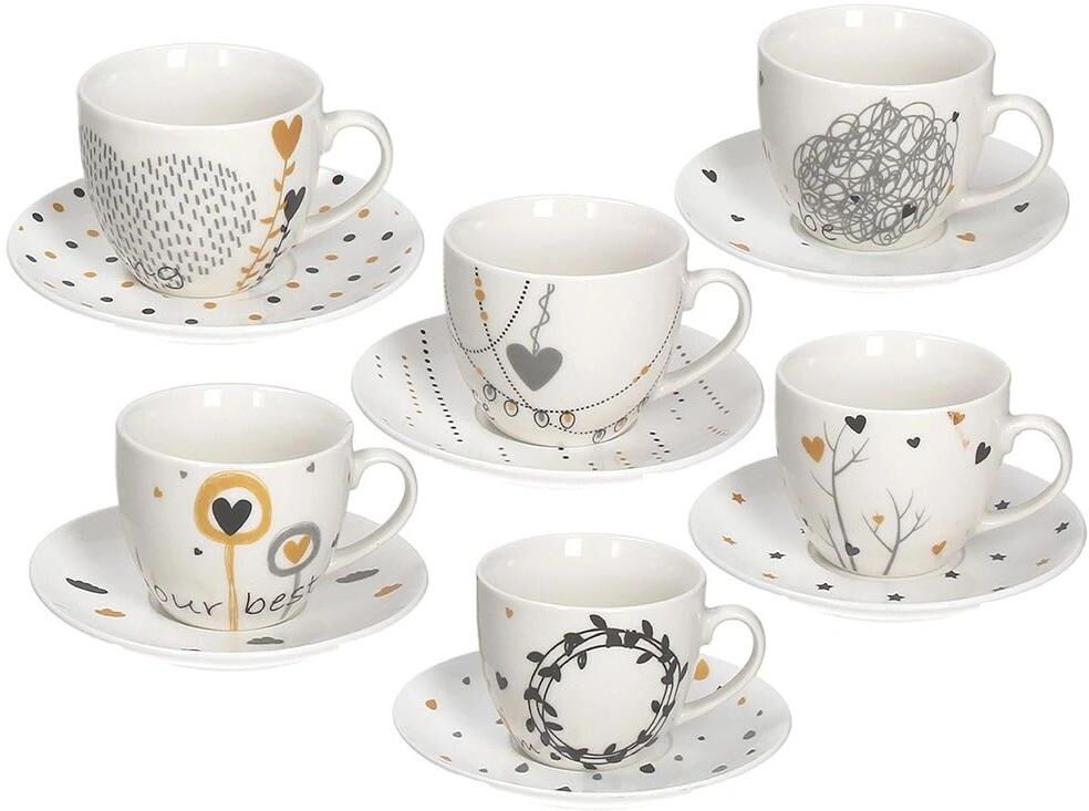 Tasse "Tognana Goldy 200 ml, 6 Stück", weiss (mehrfarbig), H:8cm, Porzellan, Trinkgefässe, Tasse, Spülmaschinenfest, Mikrowellenfest mehrfarbig 8cm, 200ml, 6