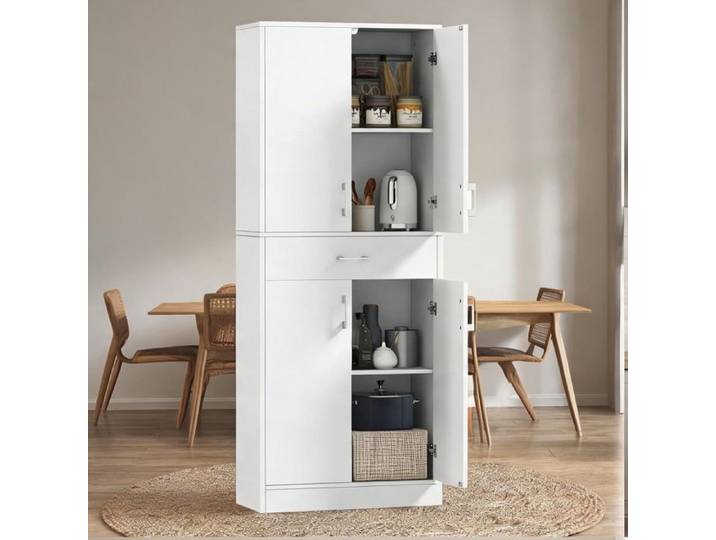 Buffet haut blanc en bois 180 cm avec 2 placards et tiroir central style contemporain