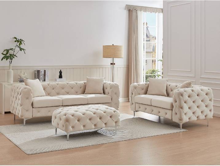 Chesterfield-Sofa 3-Sitzer, 2-Sitzer & Chesterfield-Hocker - Samt - Beige - EDWINA